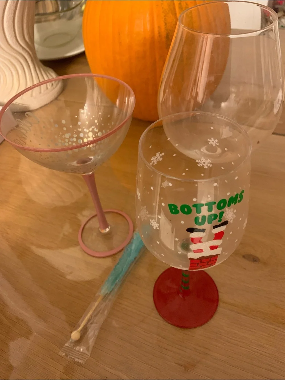 Festive 'Bottoms Up!' Christmas Wine Glass with Red Base